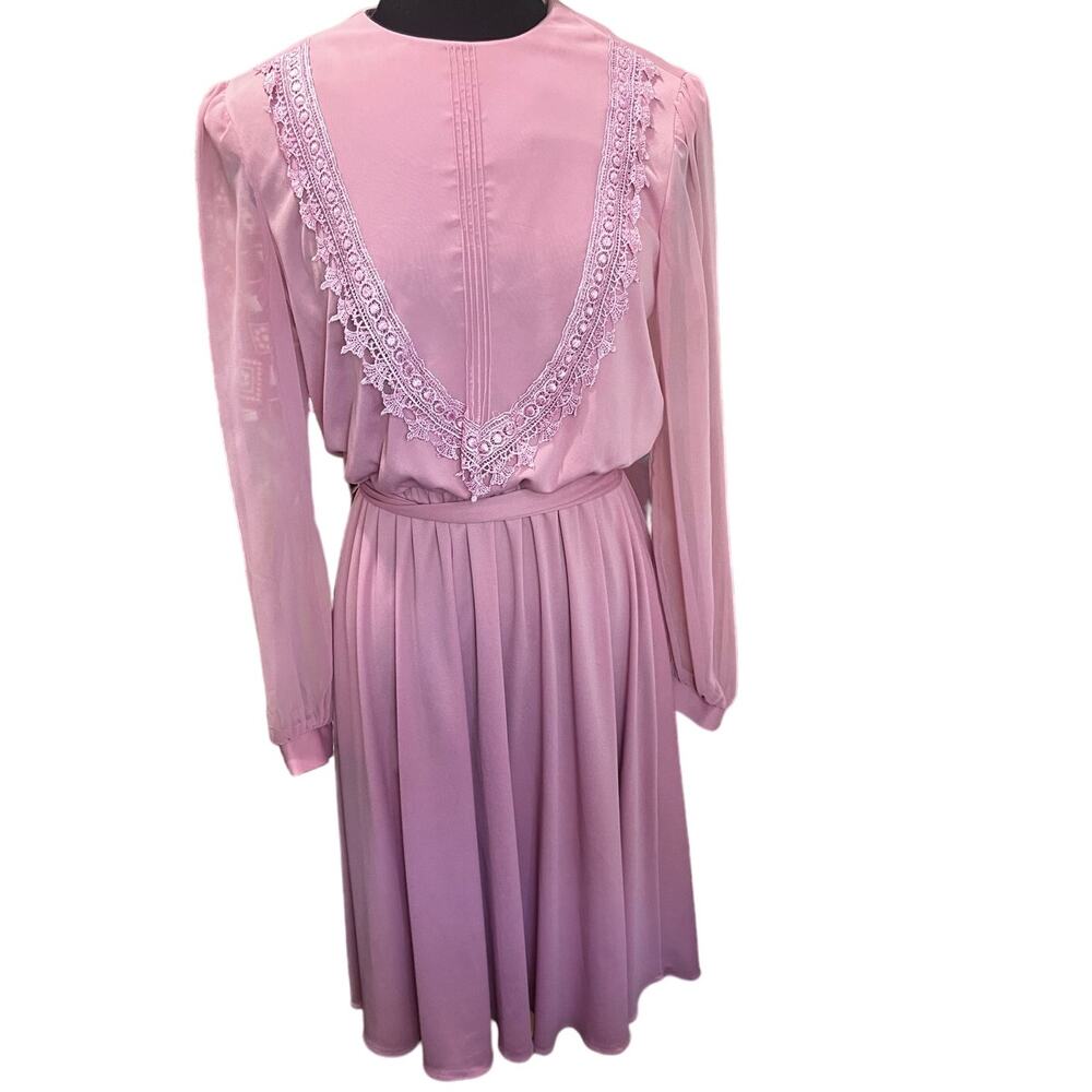 NWT Vintage 80s Amy Deb Mauve Pink Lace Chiffon Belted Dress 16 XLarge Cottage